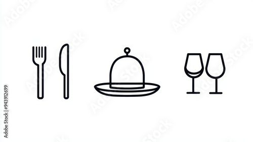 This collection showcases sleek line icons representing cutlery, a cloche, and wine glasses ideal for restaurant-themed designs