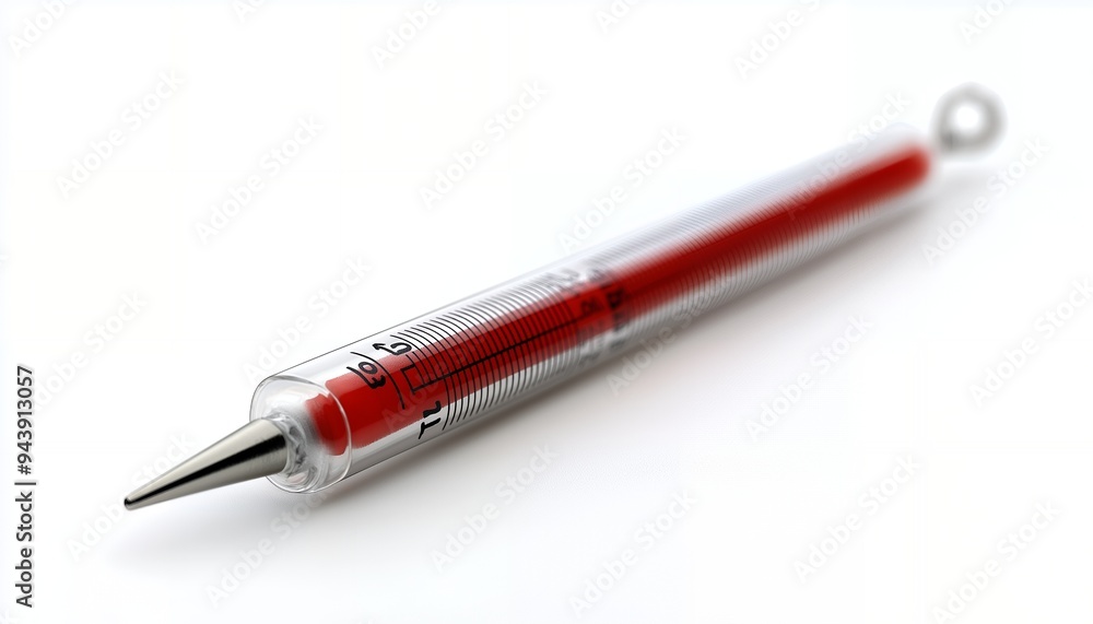 A syringe-like pen filled with red liquid, resembling a medical instrument for writing. A syringe-like pen filled with red liquid, resembling a medical instrument for writing.