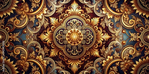 Digital Baroque Brocade: Ornate baroque patterns with metallic accents, futuristic digital effects.