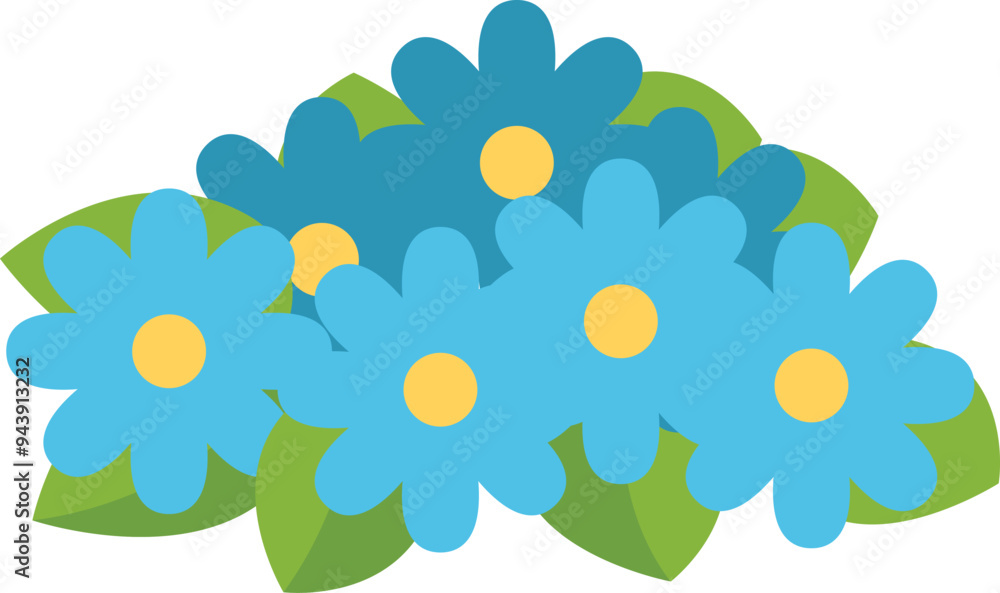 Bouquet of blue flowers blooming with green leaves, isolated on white background Bouquet of blue flowers blooming with green leaves, isolated on white background