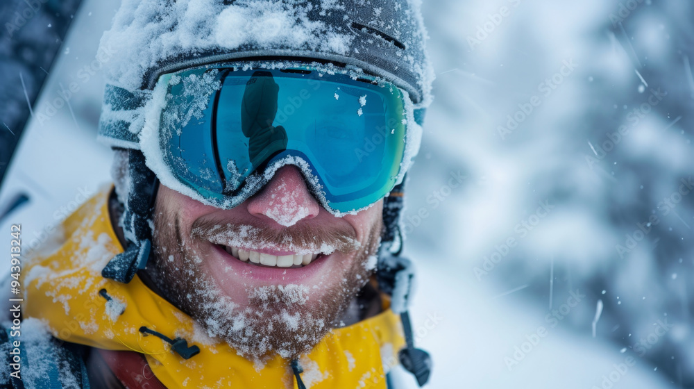 A man who is wearing a helmet and goggles is happily smiling in the snow A man who is wearing a helmet and goggles is happily smiling in the snow