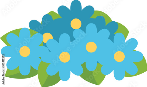 Bouquet of blue flowers blooming with green leaves, isolated on white background