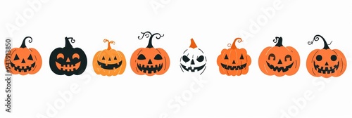 Vector illustration of row of silhouette pumpkins with angry faces on white background, halloween decoration photo