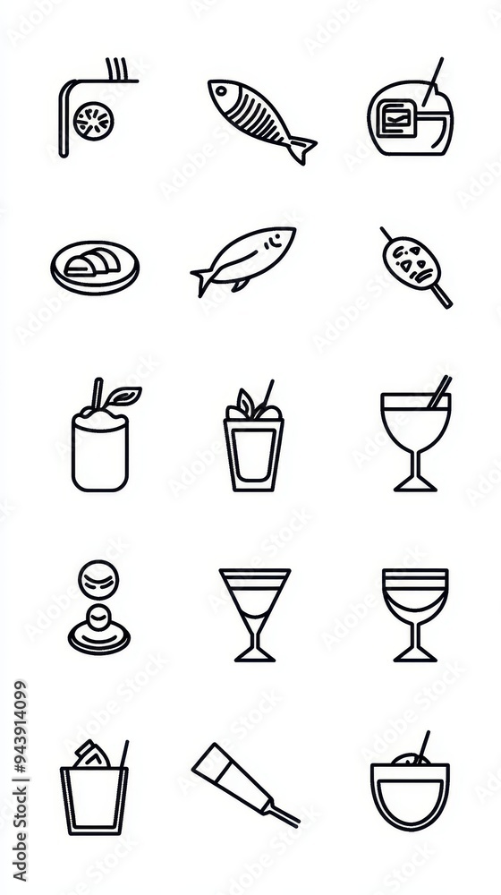 This vector set showcases various sophisticated dining elements including seafood, cocktails, and desserts, perfect for restaurant design This vector set showcases various sophisticated dining elements including seafood, cocktails, and desserts, perfect for restaurant design