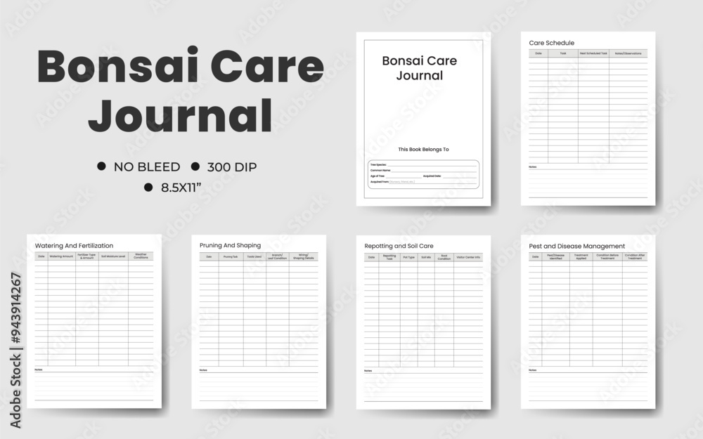 Bonsai Care Journal Logbook Tracker Template, Printable Planner Vector Illustration. Bonsai Care Journal Logbook Tracker Template, Printable Planner Vector Illustration.