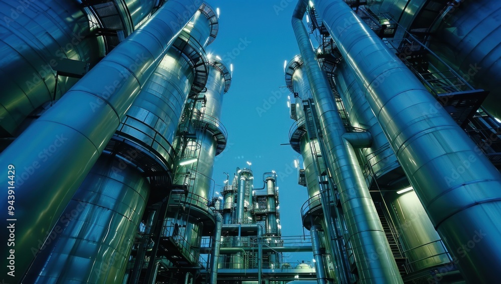 A photo of an industrial chemical plant with towering metal tanks and pipes, illuminated by the blue sky above A photo of an industrial chemical plant with towering metal tanks and pipes, illuminated by the blue sky above