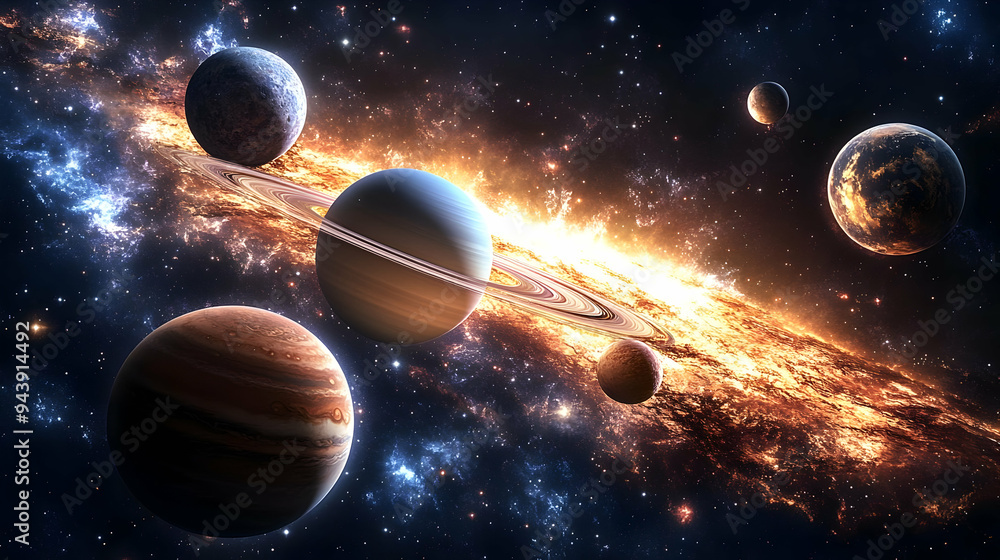 Planets and a ringed galaxy with bright light. Planets and a ringed galaxy with bright light.