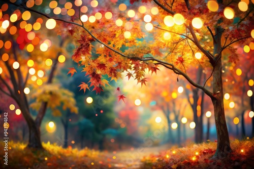 Embered Canvas: Flickering bokeh lights, vibrant autumn foliage, abstract, painterly feel photo