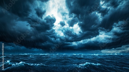 Ocean under dark storm clouds, heavy sky with impending rain, 3D illustration