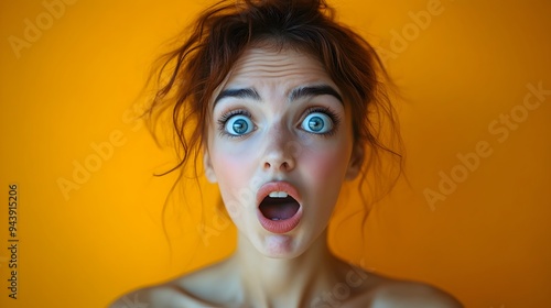 Digitally rendered image of a person making an exaggeratedly surprised facial expression with wide open eyes and mouth isolated on a plain background with ample copy space photo