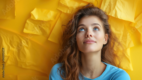 Thoughtful woman looks upward, surrounded by crumpled yellow paper, evoking a sense of creativity and contemplation against a bright background.