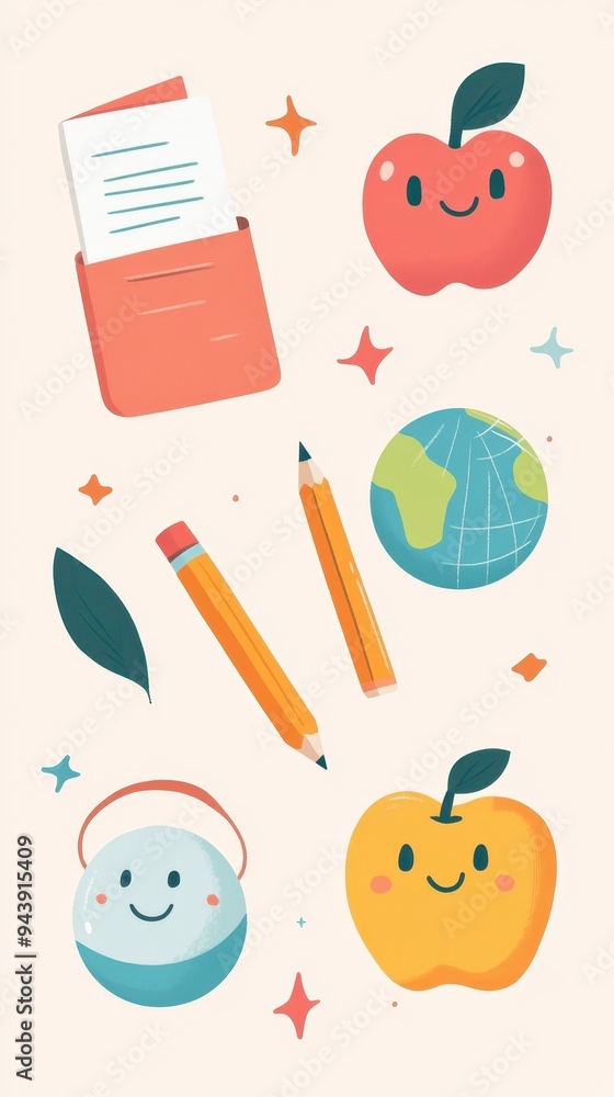 This set showcases a variety of playful education icons, including fruits, writing tools, and a globe ideal for educational materials This set showcases a variety of playful education icons, including fruits, writing tools, and a globe ideal for educational materials