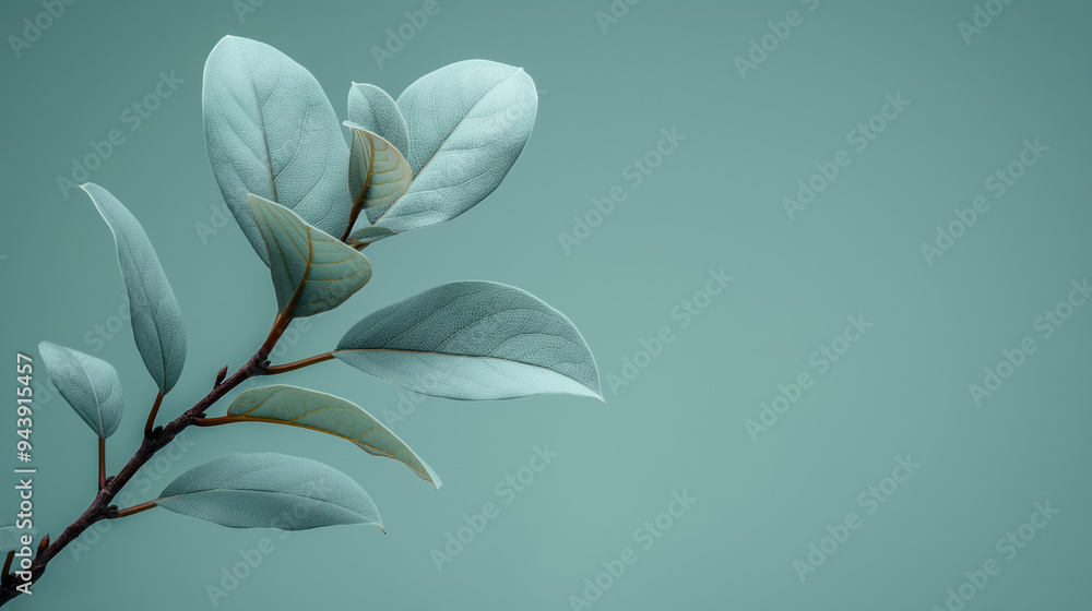 Minimalist composition featuring a branch with soft, muted green leaves against a pale green background, creating a serene and delicate atmosphere. Minimalist composition featuring a branch with soft, muted green leaves against a pale green background, creating a serene and delicate atmosphere.