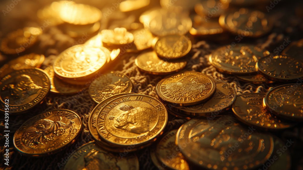 Various gold coins are laying all over table. Various gold coins are laying all over table.
