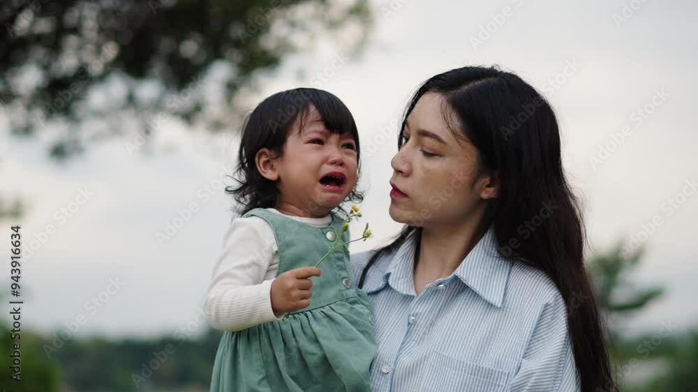 mother holding and comforting her crying toddler baby girl on grass field in the park mother holding and comforting her crying toddler baby girl on grass field in the park