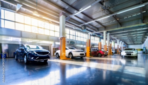 Abstract blur car garage automobile interior building hall. Blurred mechanic service centre auto repair workshop, soft defocused. Blurry car care station background