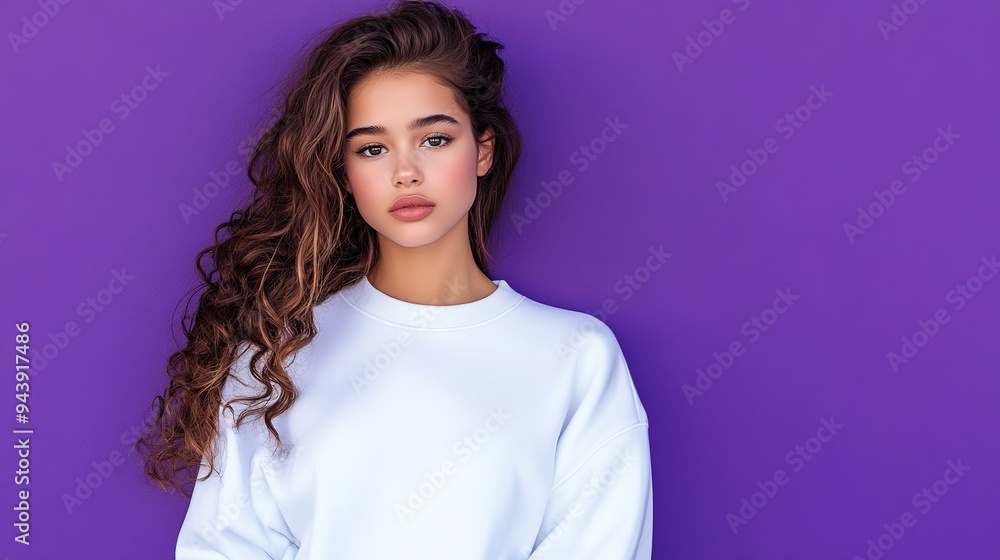 Young woman wearing white sweatshirt mockup, at purple background. Design pullover template, print presentation mock-up. copy space for text. Young woman wearing white sweatshirt mockup, at purple background. Design pullover template, print presentation mock-up. copy space for text.