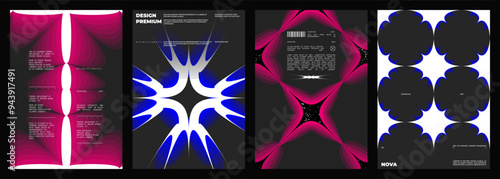 Abstract poster design set. Vertical format wall art, interior mockup. Magenta and blue composition. Geometric neon illustration with space and y2k style elements.