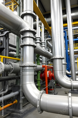 Industry pipeline transport gas and oil processing. Industrial facility with large metallic pipes, showcasing a complex network of machinery and equipment for processing or manufacturing.