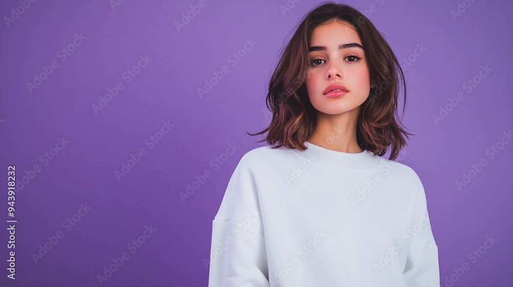 Young woman wearing white sweatshirt mockup, at purple background. Design pullover template, print presentation mock-up. copy space for text. Young woman wearing white sweatshirt mockup, at purple background. Design pullover template, print presentation mock-up. copy space for text.