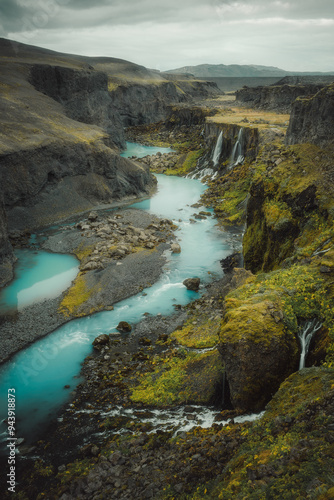 Sigoldugljufur canyon with waterfalls in the Icelandic Highlands, near Landmannalaugar, remote desolate, hard to reach photo