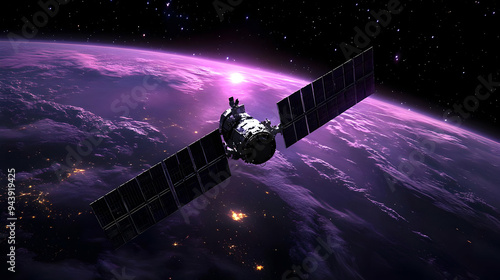 Satellite orbiting a purple...