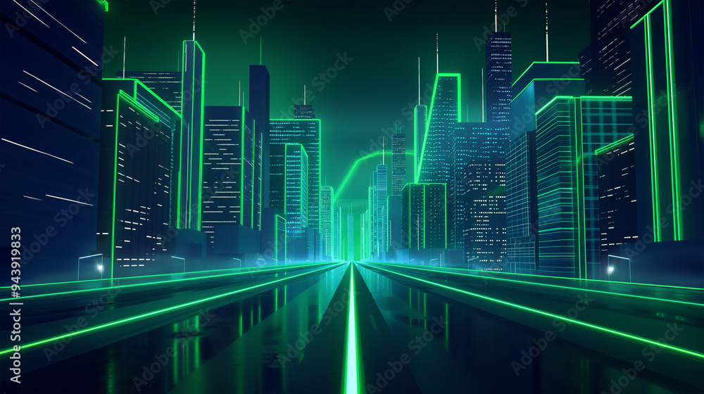 The Night city street with road and green neon, game background, Illustration The Night city street with road and green neon, game background, Illustration
