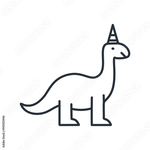 Funny dinosaur wearing party hat. A fun and playful line art drawing of a dinosaur wearing a festive party hat. It implies that even prehistoric creatures can enjoy celebrations.