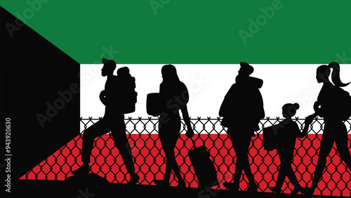 Immigration and refugees front of Kuwait flag, immigrant and refugee concept, Kuwait immigrants, refugee day, freedom and human rights idea, poverty and illegal immigrants