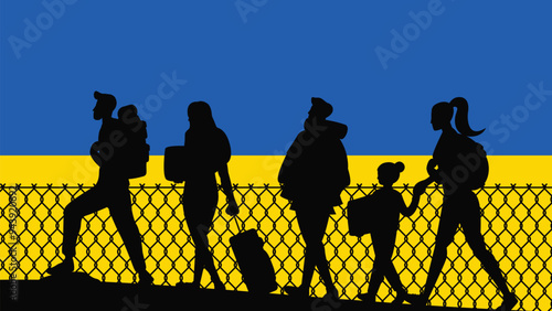 Immigration and refugees front of Ukraine flag, immigrant and refugee concept, Ukraine immigrants, refugee day, freedom and human rights idea, poverty and illegal immigrants