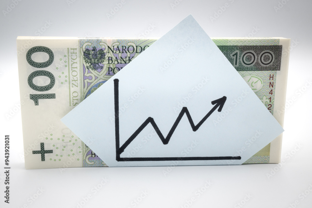 Polskie banknoty stu złotowe i wykres wzrostu.