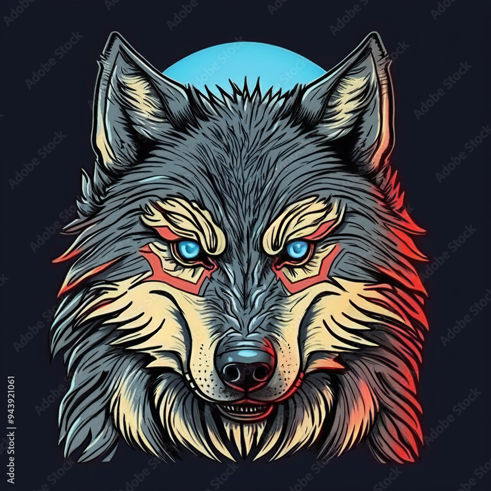A detailed illustration of a wolf's head with red and blue accents, set against a dark background with a blue moon. A detailed illustration of a wolf's head with red and blue accents, set against a dark background with a blue moon.