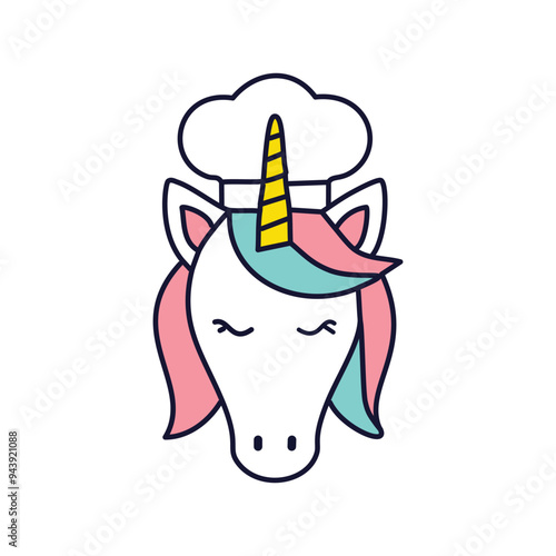 Unicorn chef with closed eyes. A whimsical unicorn with a chef's hat and closed eyes, hinting at sweet dreams and culinary creativity.