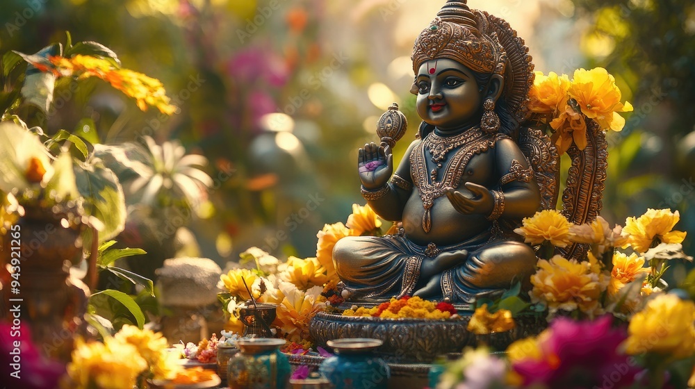 Obraz premium Adorable little Ganpati Bappa idol, crafted with intricate details, surrounded by vibrant flowers and offerings, capturing the essence of devotion.