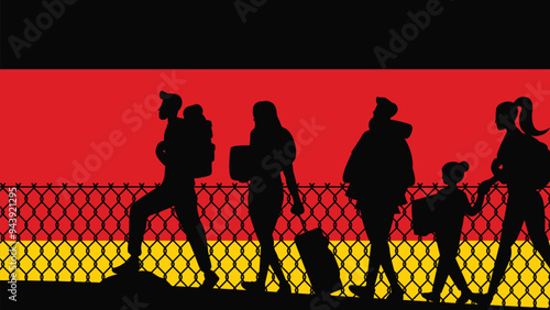 Immigration and refugees front of Germany flag, immigrant and refugee concept, Germany immigrants, refugee day, freedom and human rights idea, poverty and illegal immigrants