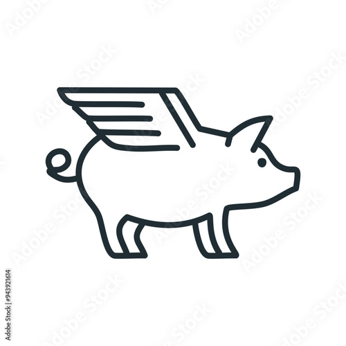 Flying pig icon illustration. Black and white line drawing of a pig with wings. The symbol represents freedom, creativity, and thinking outside the box.