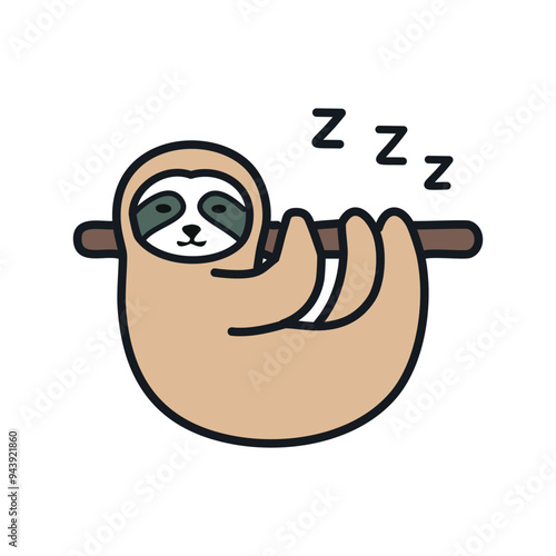Sleeping sloth hanging on branch illustration. Adorable cartoon sloth hanging upside down on a branch, taking a nap, conveying a message of relaxation and tranquility.