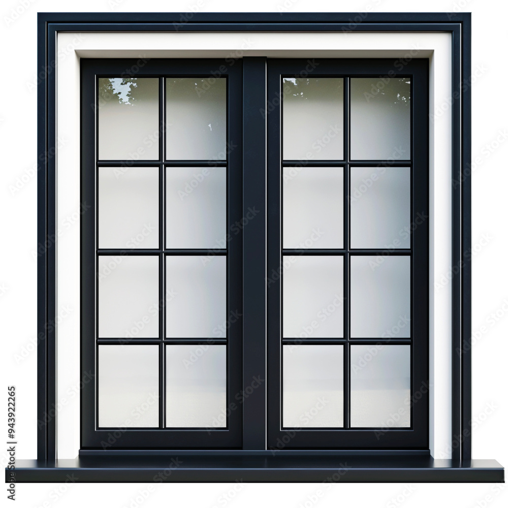 Modern Black Framed Window with Frosted Glass Panes Isolated on Transparent Background. Modern Black Framed Window with Frosted Glass Panes Isolated on Transparent Background.