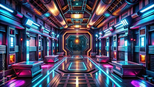 Futuristic Sci-Fi Hideaway: Metallic surfaces, neon lights, geometric patterns, holographic displays, immersive technology
