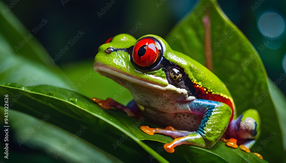 Red-eyed frog on tropical leaf, vivid colors green tree frog peeks out Red-eyed frog on tropical leaf, vivid colors green tree frog peeks out