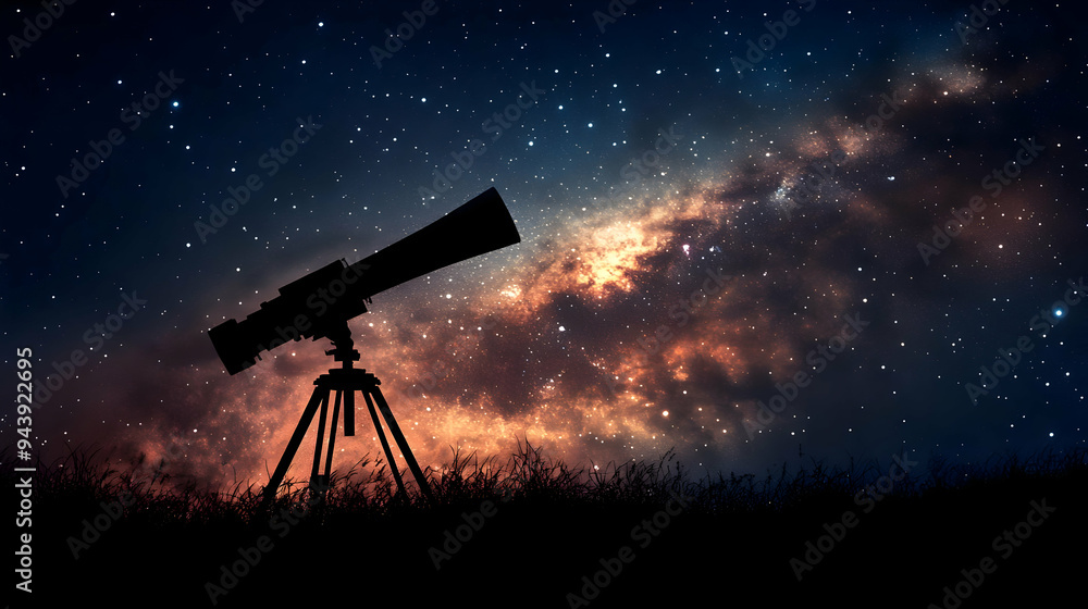 Silhouette of a telescope pointed at the night sky with the Milky Way galaxy. Silhouette of a telescope pointed at the night sky with the Milky Way galaxy.