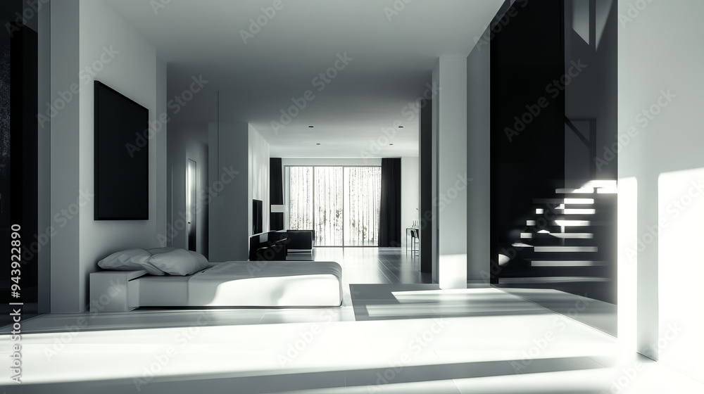 Minimalistic, stylish interior of a luxury apartment with a white bedroom and dark living room. Features an open layout, with sunlight streaming in during the day and no people present. Minimalistic, stylish interior of a luxury apartment with a white bedroom and dark living room. Features an open layout, with sunlight streaming in during the day and no people present.