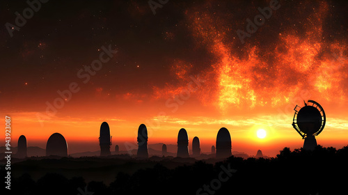Silhouetted radio telescope...