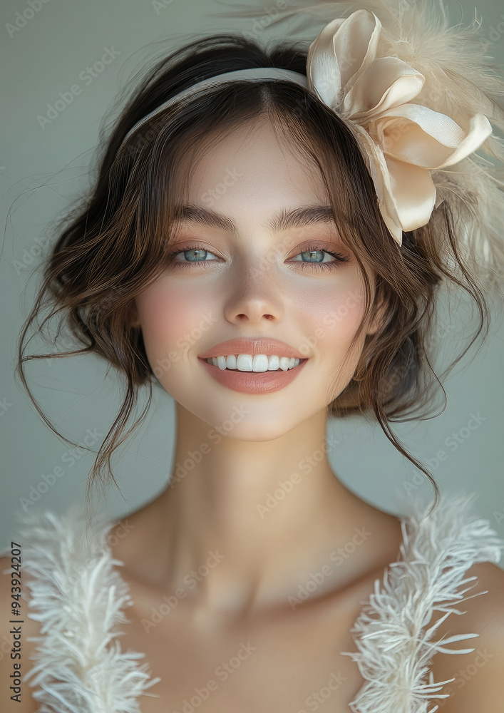 young smiling beautiful woman in white dress and with ribbon in hair with feathers on light background, girl, bride, model, 20s style, 1920s, retro, vintage, wedding, portrait, smile, eyes, hairstyle young smiling beautiful woman in white dress and with ribbon in hair with feathers on light background, girl, bride, model, 20s style, 1920s, retro, vintage, wedding, portrait, smile, eyes, hairstyle