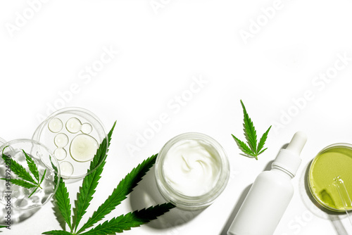 Hemp cannabis leaves and cbd oil products