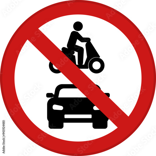 Red Sign All Motor Vehicles Prohibited. Warning Road Sign. Car and Person Riding Motorcycle. Vector Icon