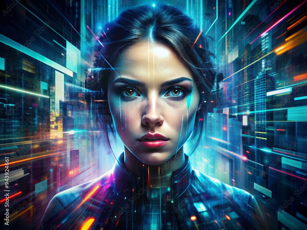 Glitch Aesthetic: Distorted edges and fragmented lines create a sense of chaos and digital disruption, evoking a cyberpunk or futuristic mood. Glitch Aesthetic: Distorted edges and fragmented lines create a sense of chaos and digital disruption, evoking a cyberpunk or futuristic mood.