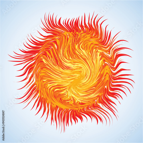 Artistic bright warm red burn circle midpoint drawing shape design. Optical illusion fuzzy sphere form in art cartoon creative style. Yellow color motley power boom ball symbol on sky space for text