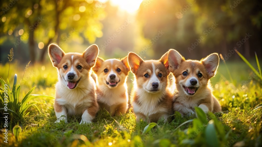 Golden Hour Corgi Puppies: Warm, inviting, golden light, lush greenery, shallow depth of field Golden Hour Corgi Puppies: Warm, inviting, golden light, lush greenery, shallow depth of field