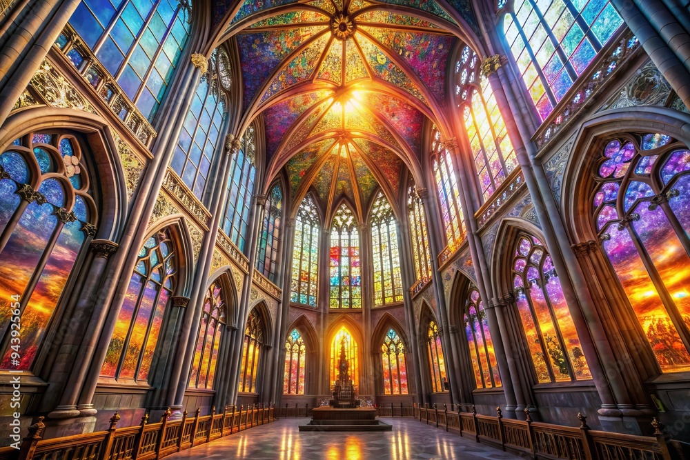 Obraz premium Gothic Solar Cathedral: Stained glass windows, towering spires, intricate solar designs, moody lighting, ethereal atmosphere